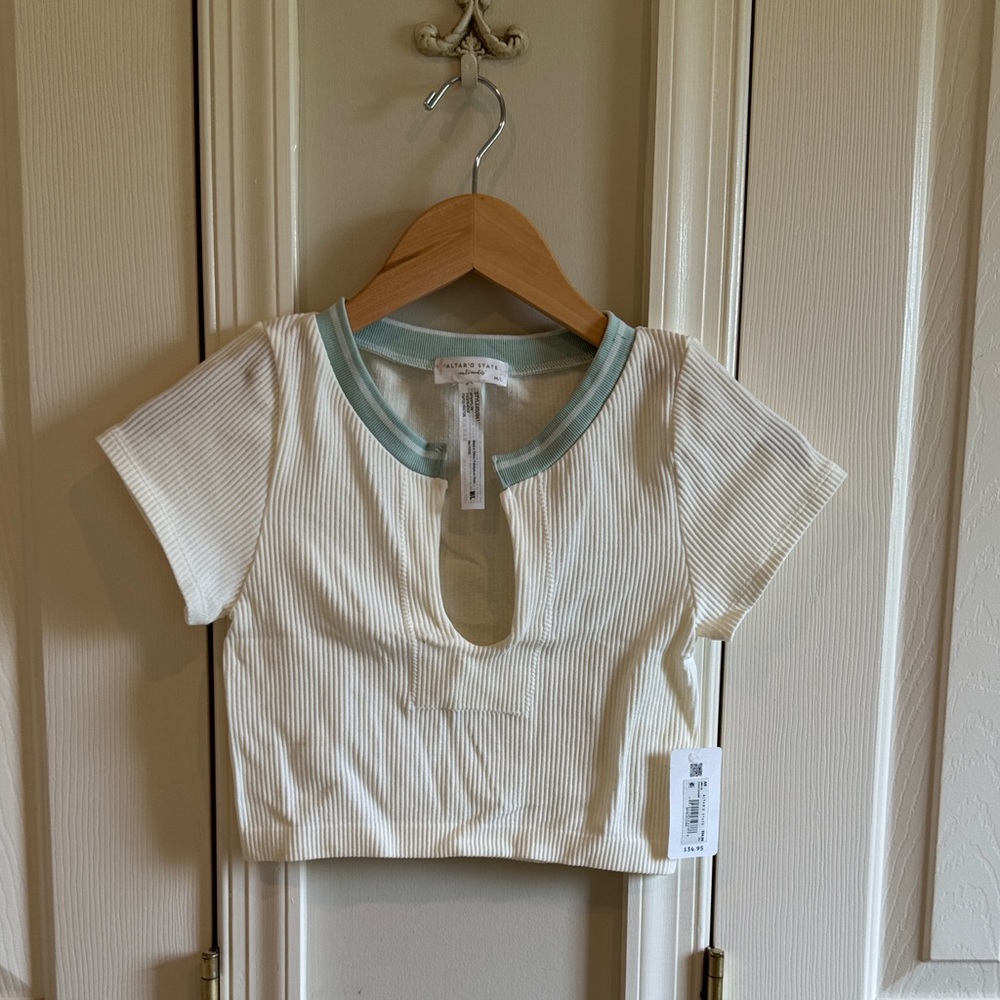 Altar'd State White Crop Top with Sage Trim - Keyhole Tee